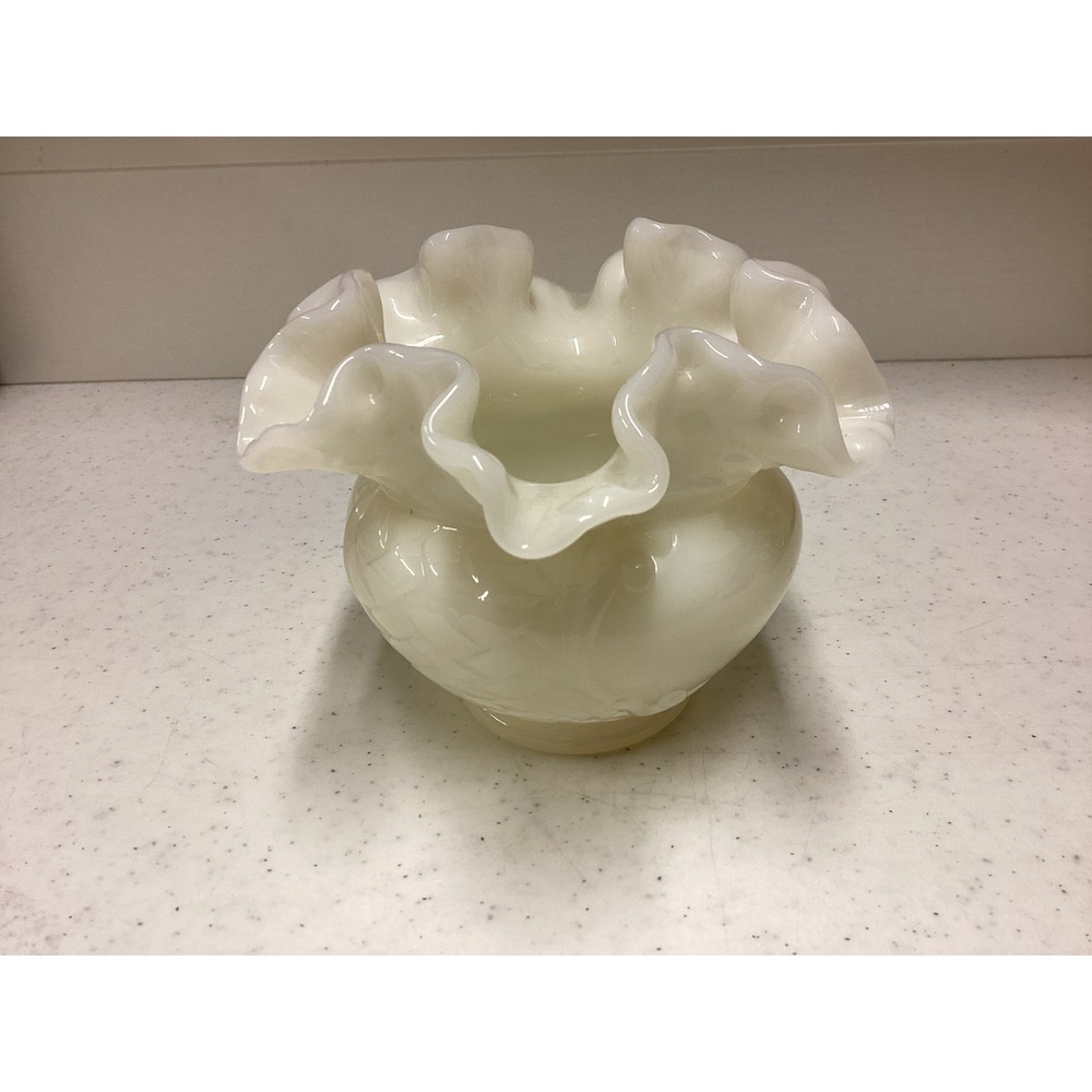 Vintage Fenton Milk Glass Ruffled Rose Bowl Embossed Floral White Art Glass
